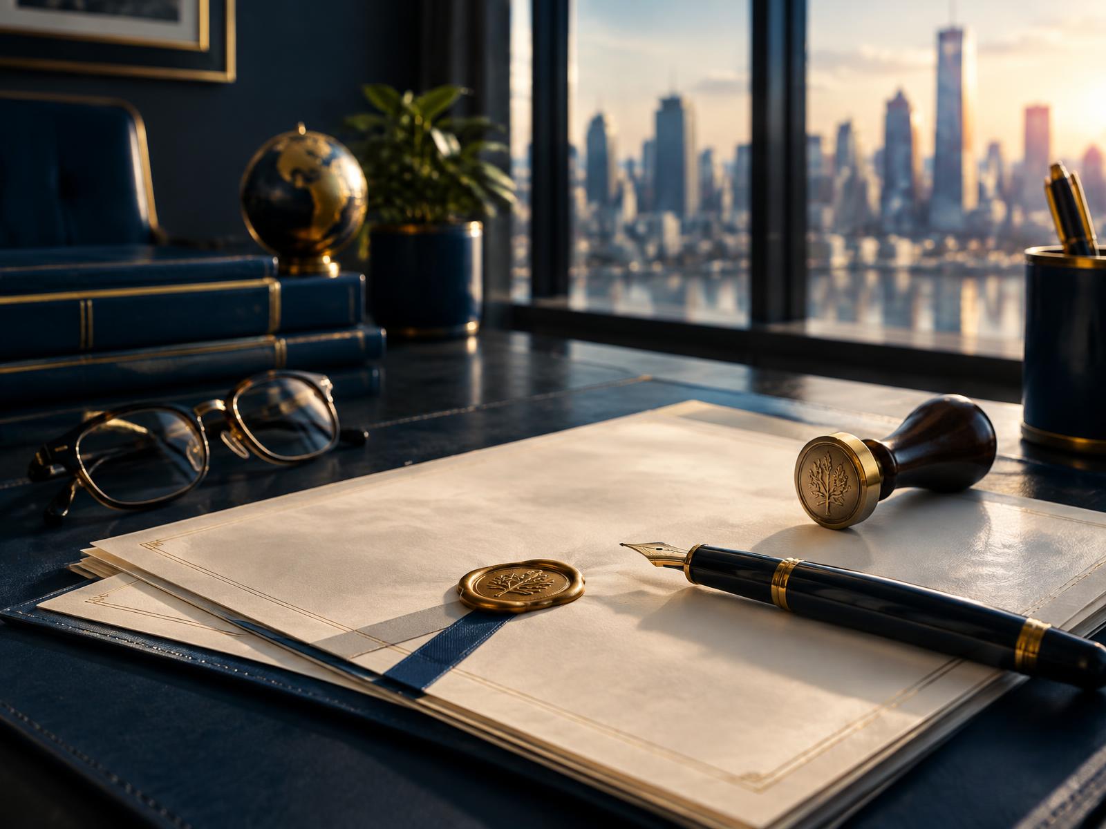 Documentos de registro de empresa com selo e caneta sobre uma mesa de escritório